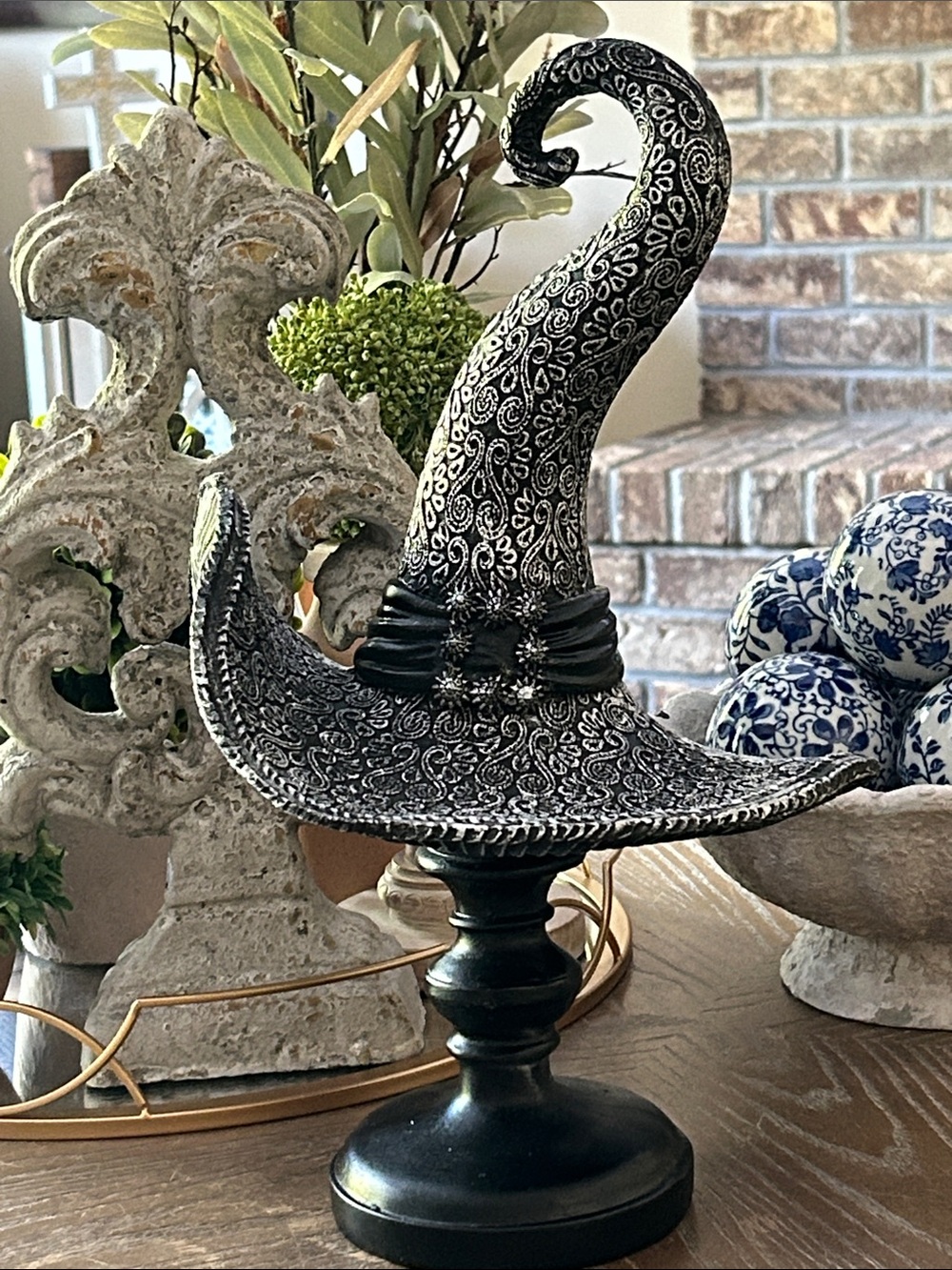 NEW! Large Vintage Inspired Elegant Black & Silver Salem Witch Hat Centerpiece